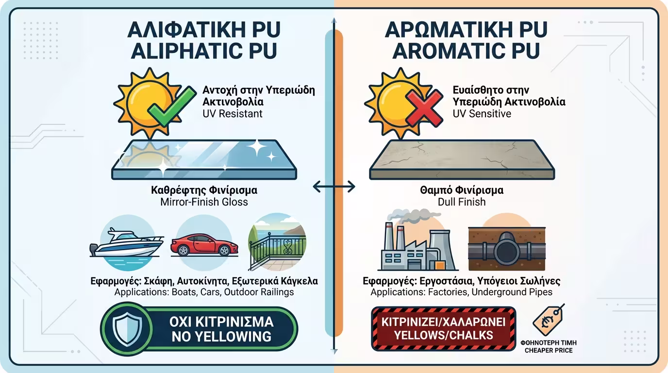 Ινφογκράφικ: Αλειφατική PU (εξωτερικά, αντοχή UV, γυαλάδα) vs Αρωματική PU (εσωτερικά/θαμμένα, αντοχή χημικών, κιτρινίζει).