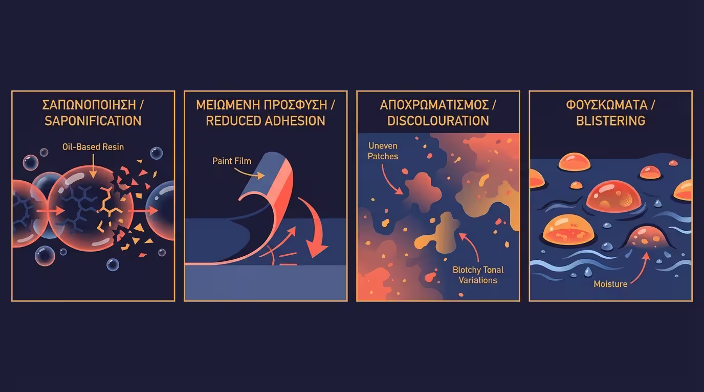 Τέσσερις τύποι ζημιάς: σαπωνοποίηση, πρόσφυση, αποχρωματισμός, φουσκώματα