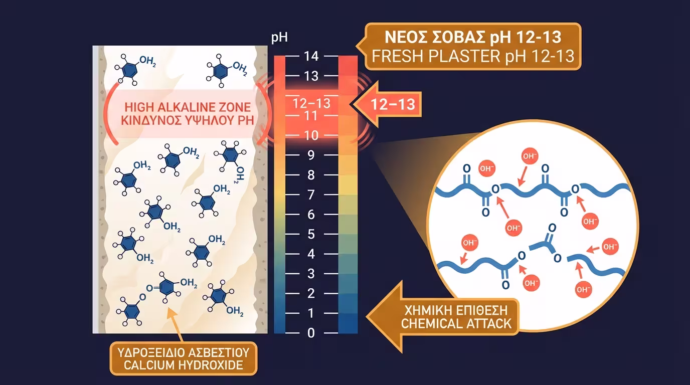 Τομή νέου σοβά: pH κλίμακα 12–13, χημική επίθεση στο φιλμ βαφής