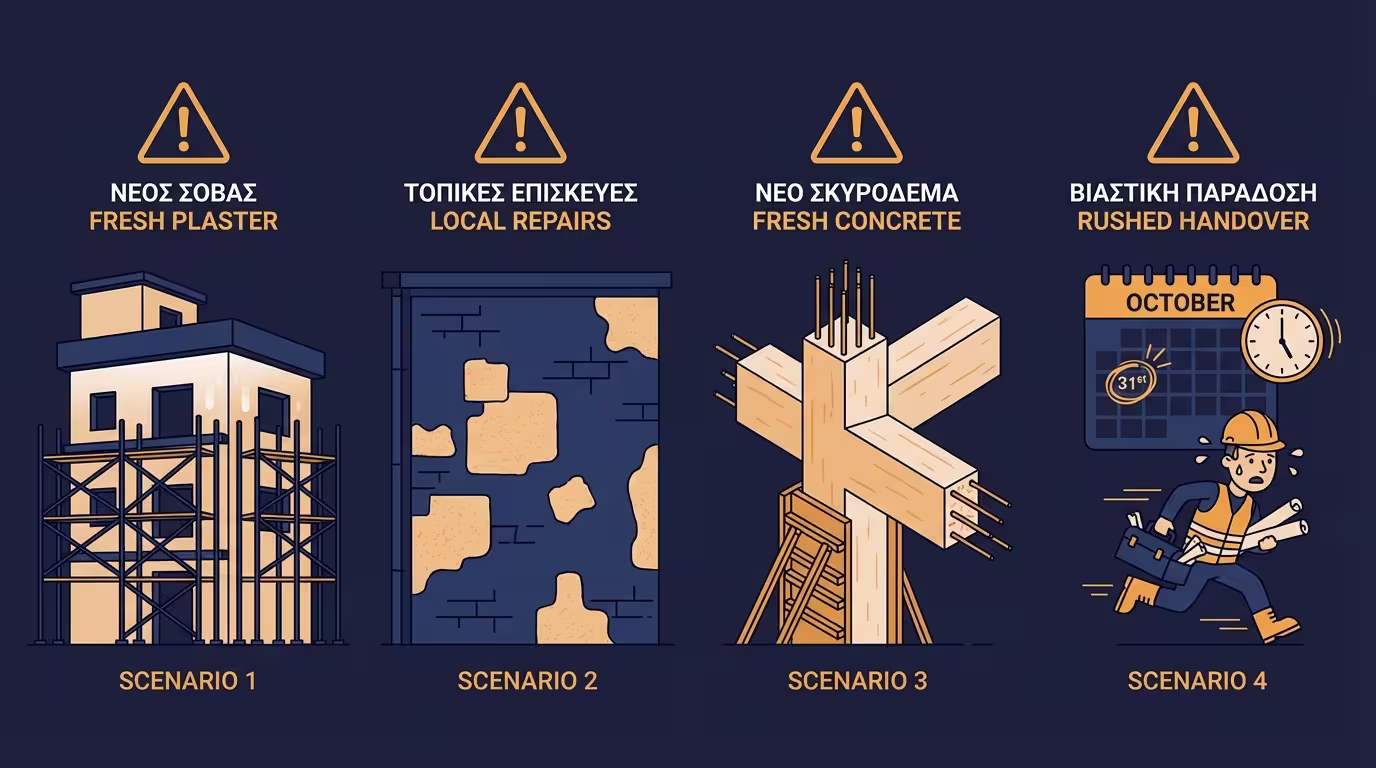 Τέσσερα σενάρια υψηλού κινδύνου: νέος σοβάς, τοπικές επισκευές, νέο σκυρόδεμα, βιαστική παράδοση