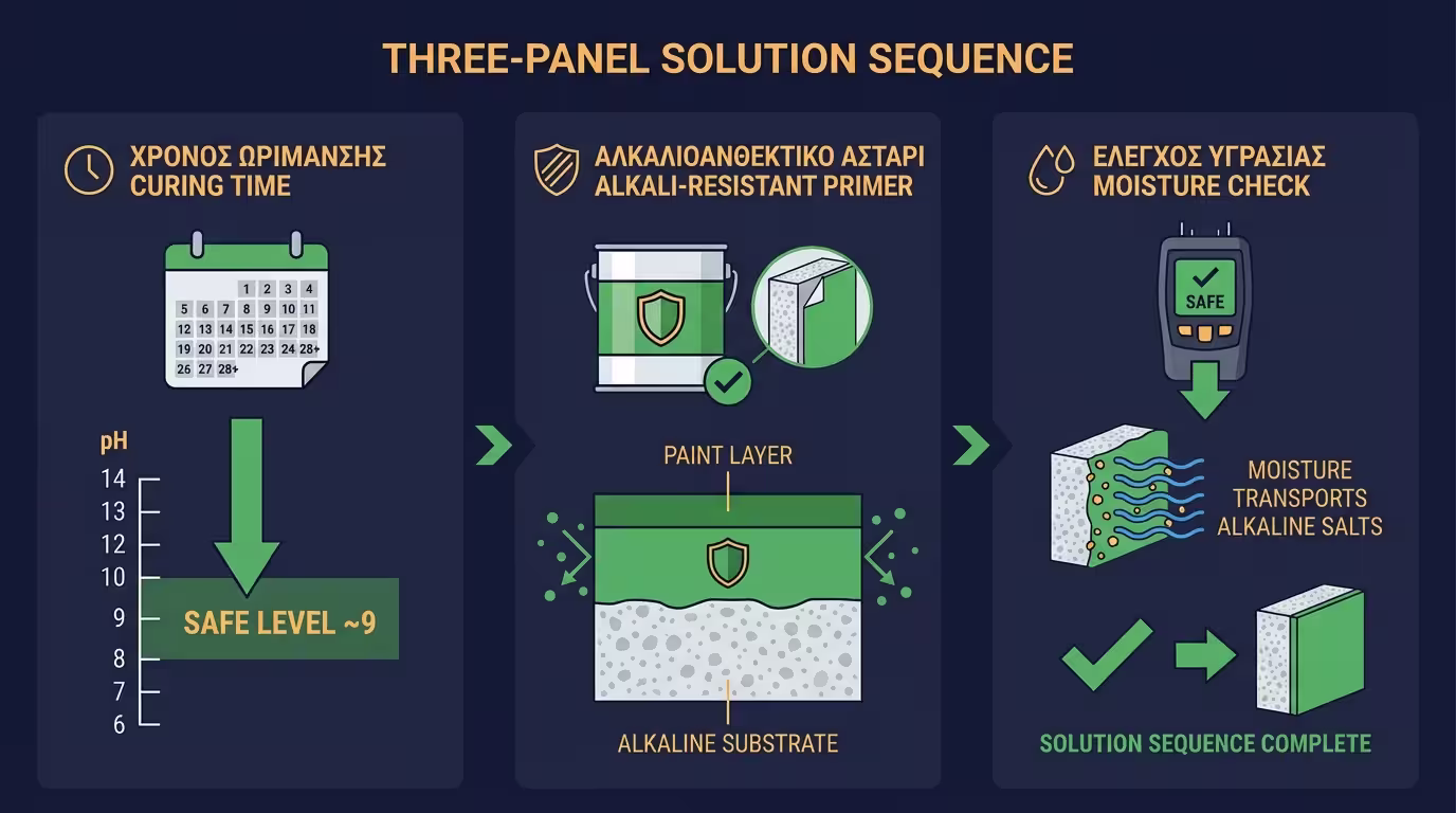 Τρία βήματα: χρόνος ωρίμανσης, αλκαλιοανθεκτικό αστάρι, έλεγχος υγρασίας