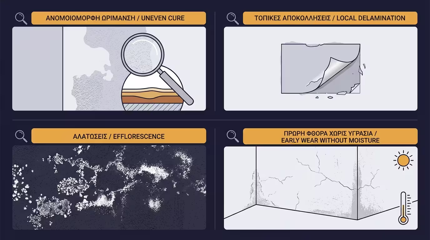 Τέσσερα διαγνωστικά σημάδια: ανομοιόμορφη ωρίμανση, αποκολλήσεις, αλατώσεις, πρόωρη φθορά