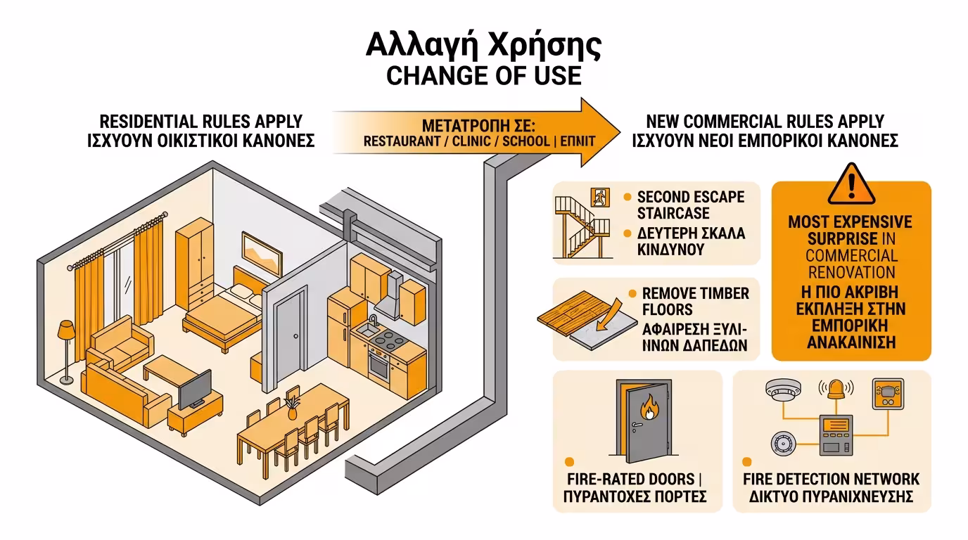 Αλλαγή χρήσης: ένα παλιό διαμέρισμα μετατρέπεται σε εστιατόριο - νέοι κανονισμοί πυρασφάλειας