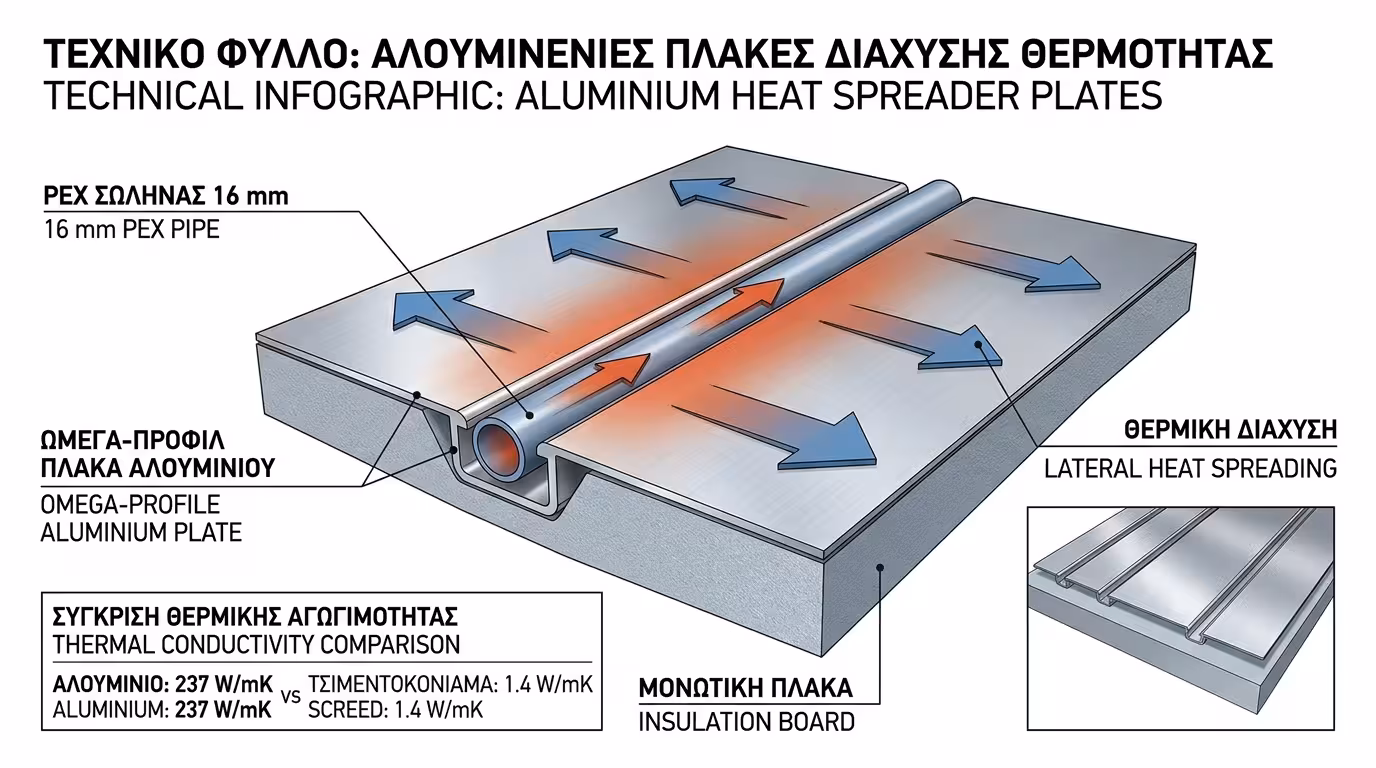 Αλουμινένιες θερμαγωγές πλάκες που αγκαλιάζουν σωλήνα και κατανέμουν θερμότητα ομοιόμορφα