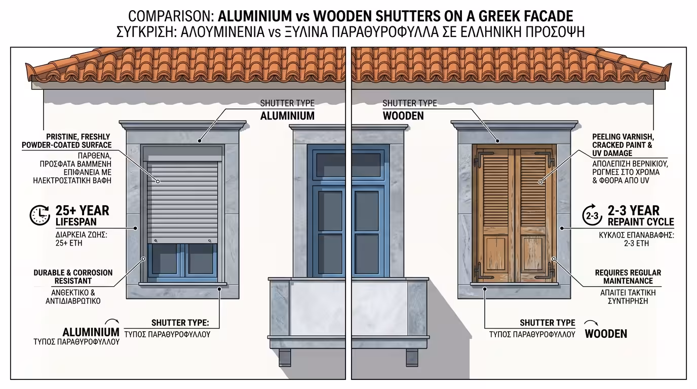 Σύγκριση ξύλινου παντζουριού με φθαρμένο βερνίκι vs νέο αλουμίνιο με όψη ξύλου