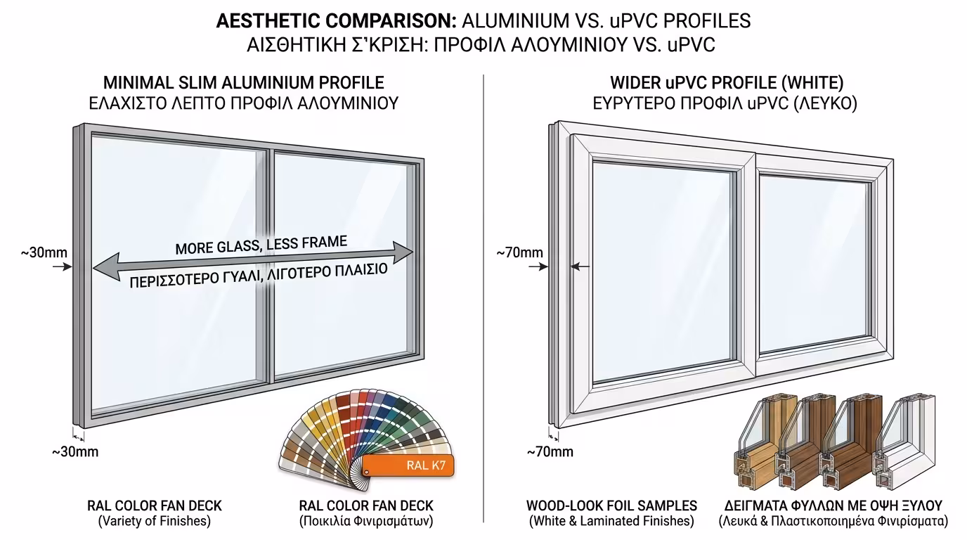 Minimal αλουμίνιο vs ογκώδες PVC - αισθητική σύγκριση