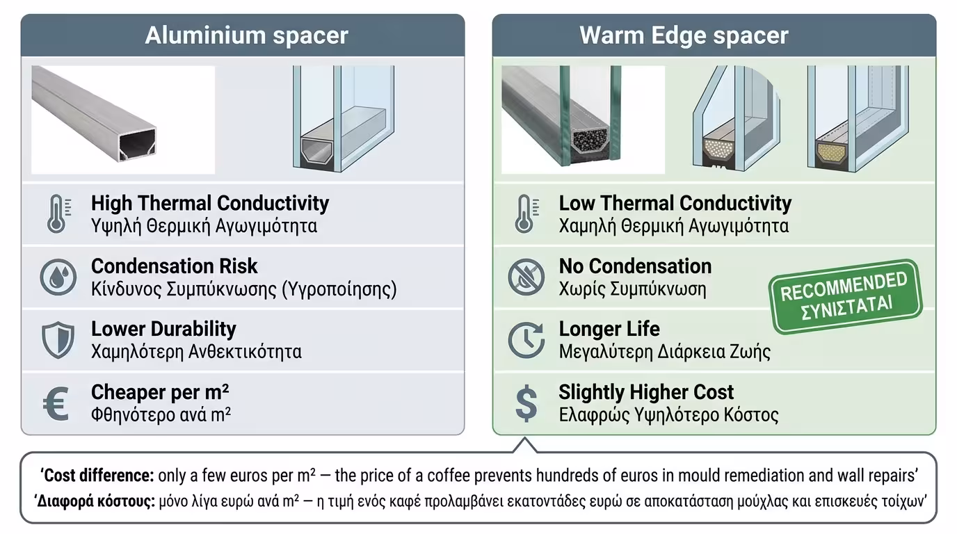 Σύγκριση κόστους αποστάτη αλουμινίου vs Warm Edge - ελάχιστη διαφορά τιμής
