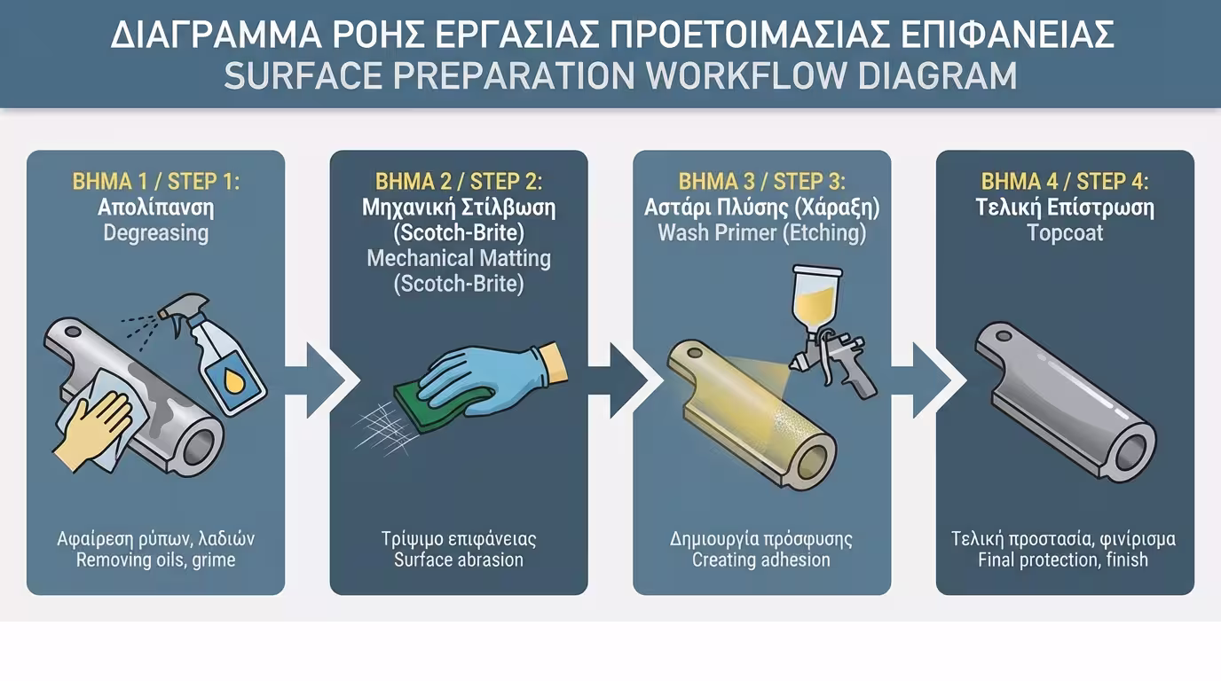 Ινφογκράφικ: Τα 4 βήματα για τη βαφή αλουμινίου - απολίπανση, matting, wash primer, τελικό χρώμα.