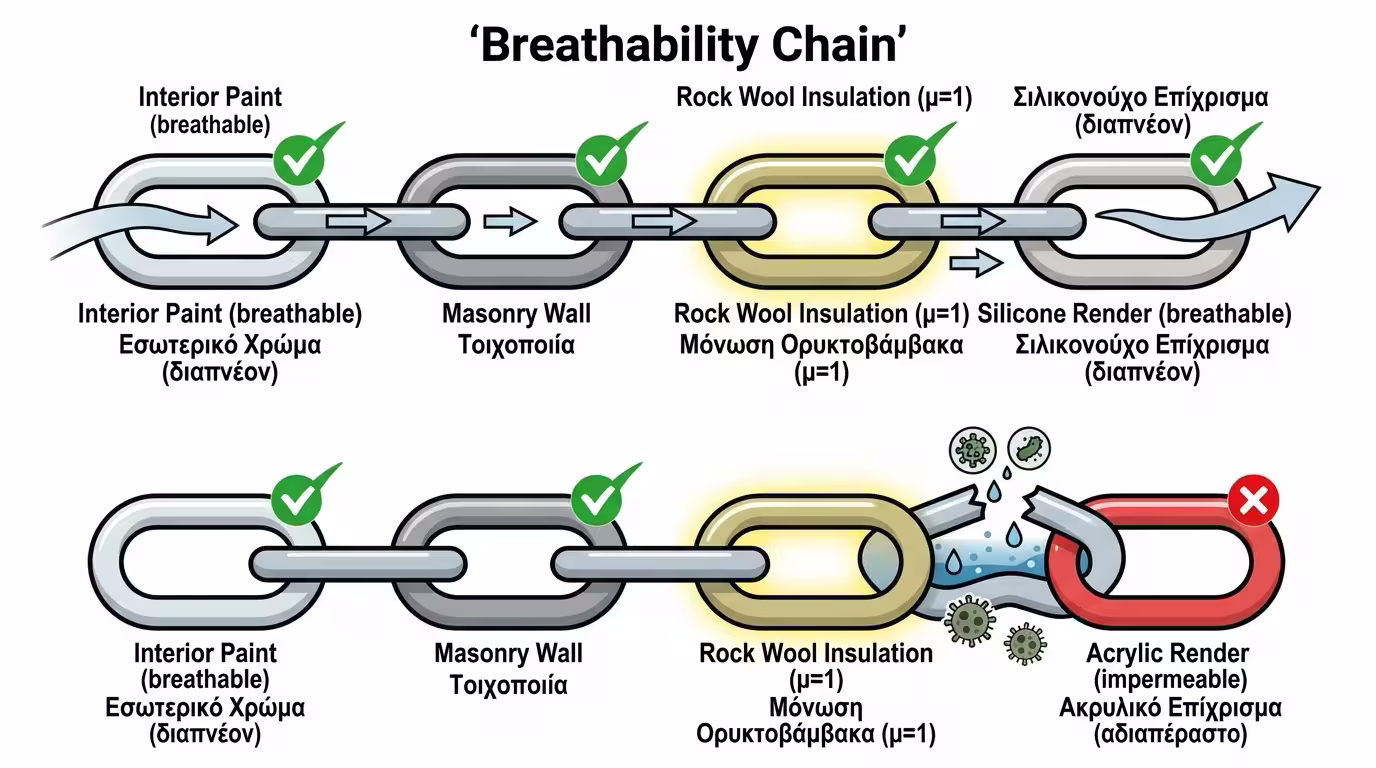 Αλυσίδα διαπνοής - σιλικονούχος σοβάς πάνω σε πετροβάμβακα