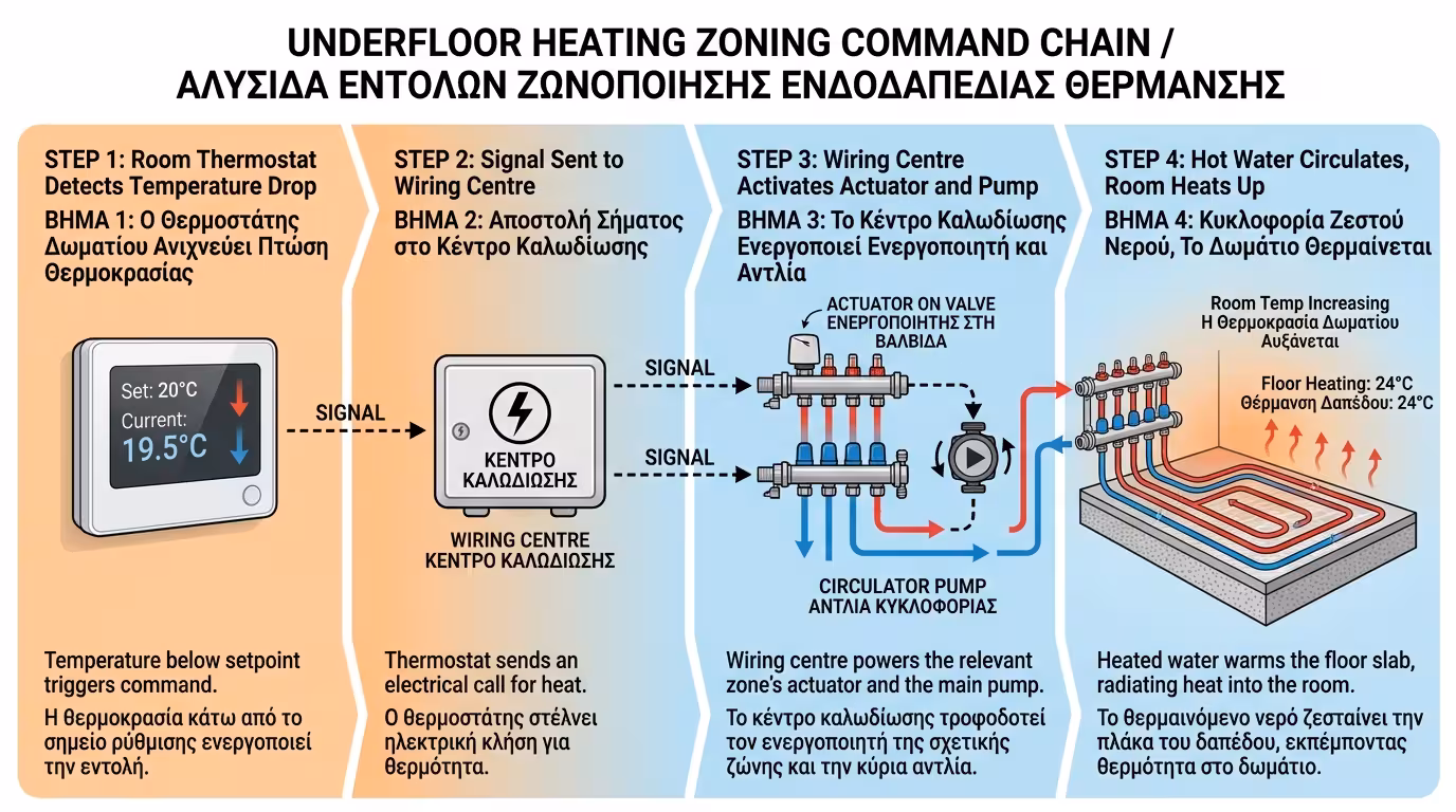 Αλυσίδα εντολής: θερμοστάτης → κέντρο καλωδίωσης → κινητήρας → βάνα → αντλία
