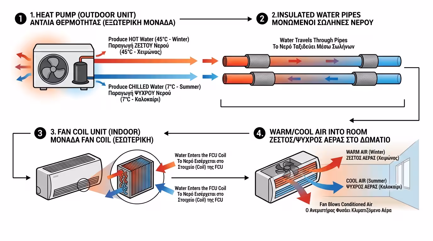 Αλυσίδα λειτουργίας - Αντλία Θερμότητας → σωλήνες νερού → Fan Coil → αέρας δωματίου