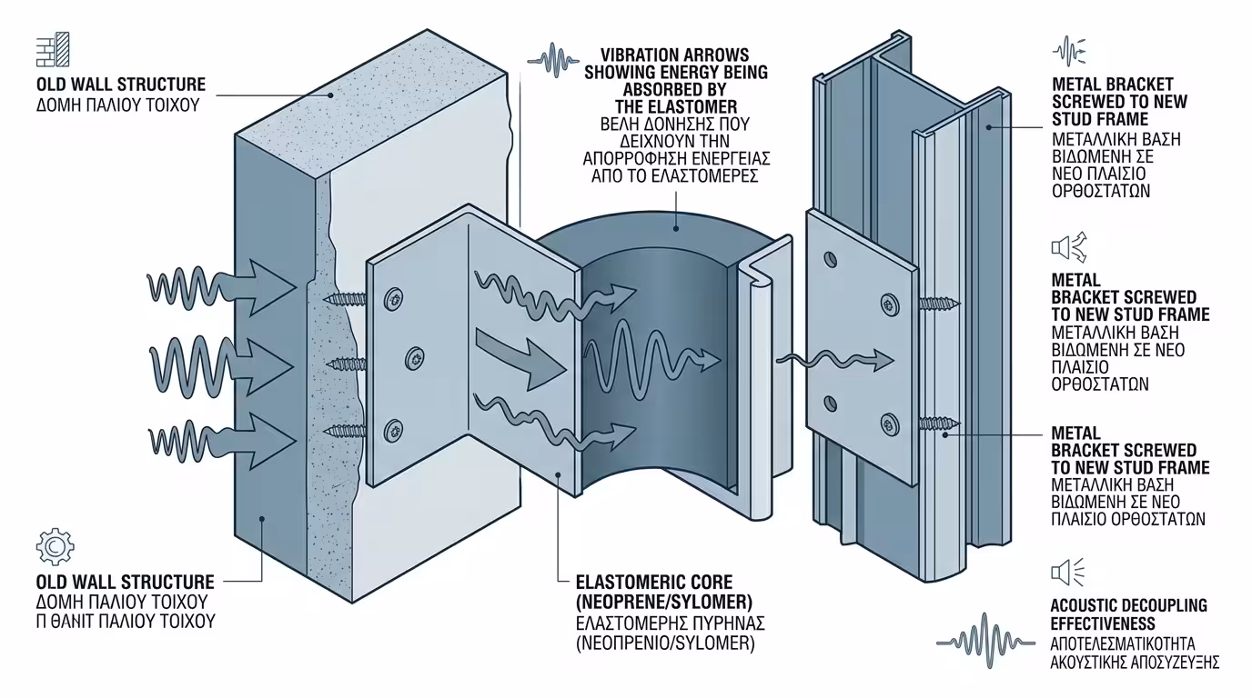 Αντικραδασμικό στήριγμα: μεταλλικές άκρες ενωμένες μέσω ελαστομερούς πυρήνα (Sylomer)