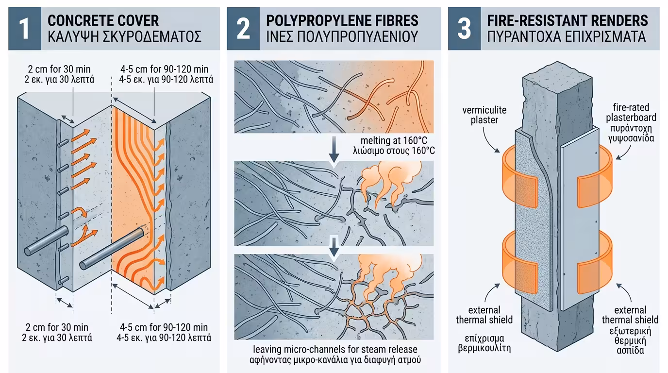 Λύσεις μηχανικών: πάχος επικάλυψης, ίνες πολυπροπυλενίου, πυράντοχοι σοβάδες