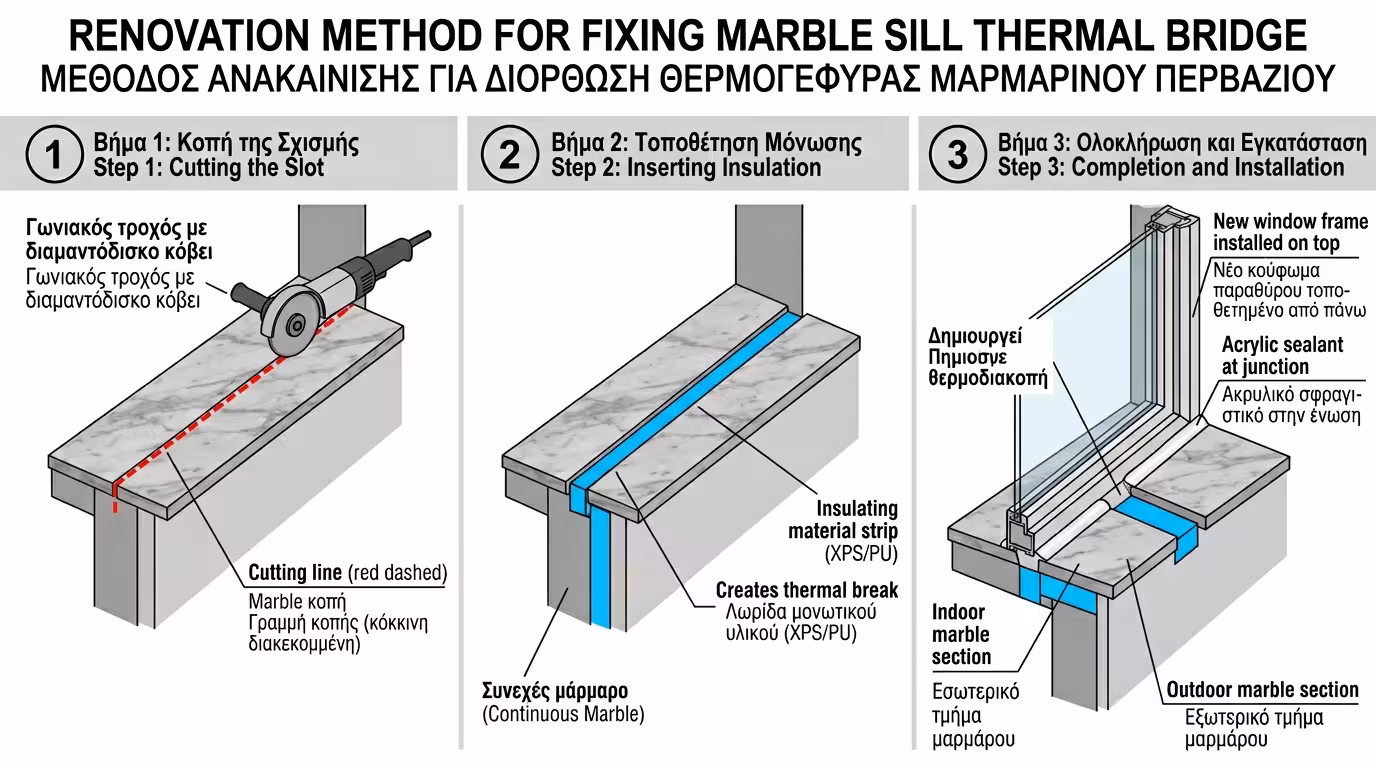 Κόψιμο ενιαίου μαρμάρου με τροχό διαμαντιού κατά την ανακαίνιση