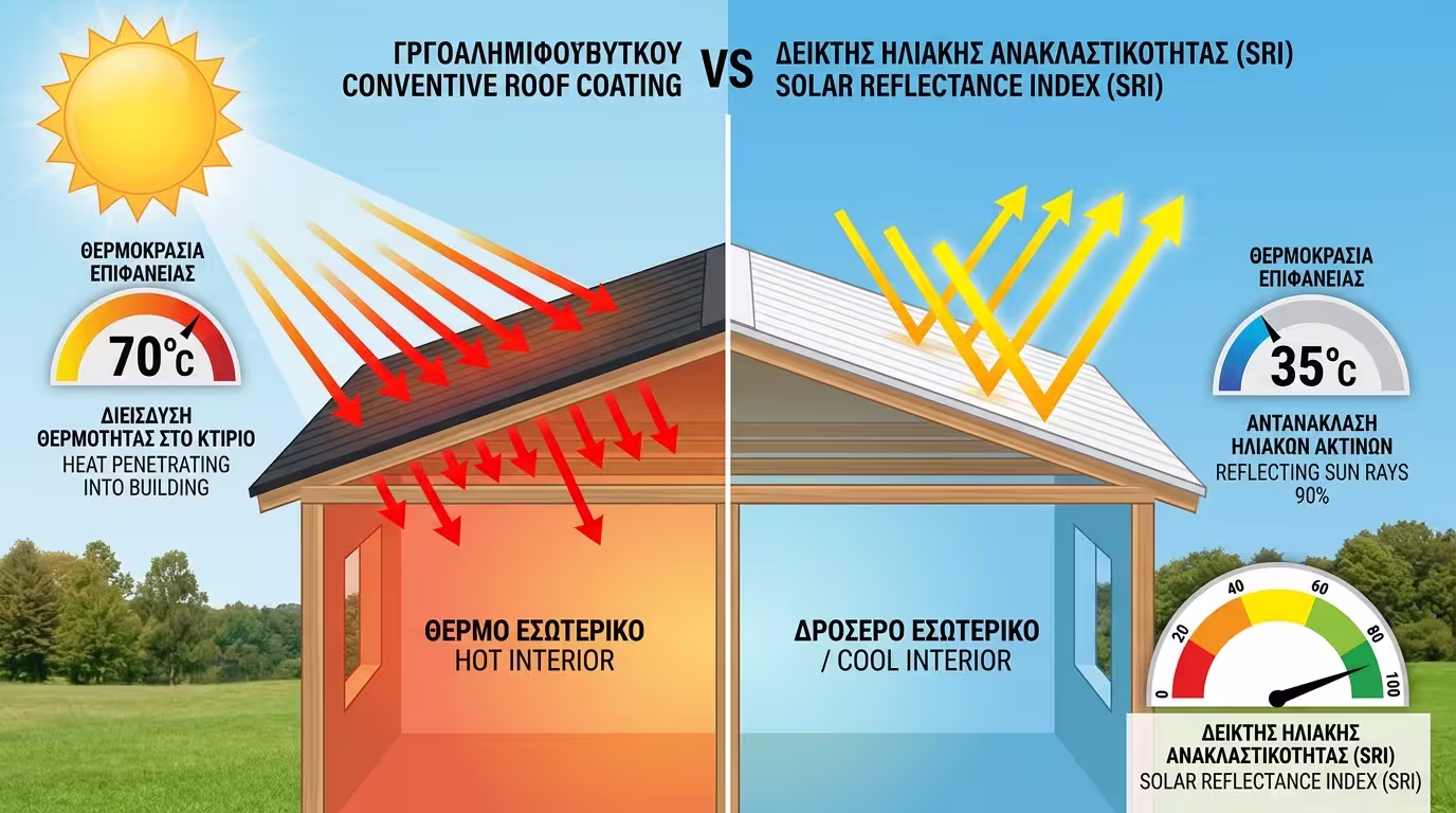 Ανακλαστική βαφή σε ταράτσα - ανακλά 90% ηλιακής ακτινοβολίας