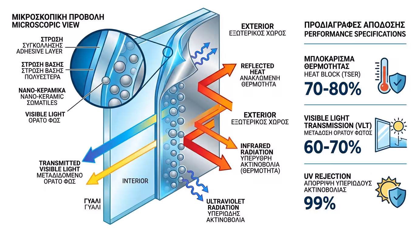 Εφαρμογή ανακλαστικής μεμβράνης ηλιοπροστασίας σε γυάλινη οροφή αιθρίου