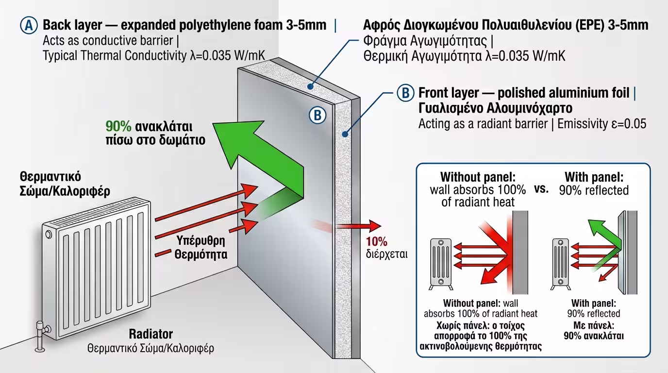 Τομή ανακλαστικού πάνελ - αφρώδες υλικό + αλουμινόφυλλο
