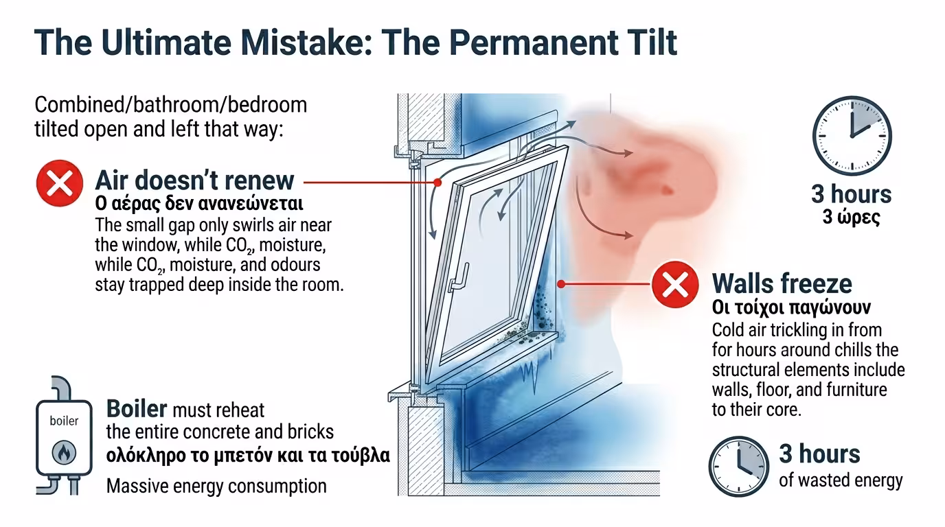 Παράθυρο στην ανάκλιση 3 ώρες - παγωμένοι τοίχοι, μούχλα