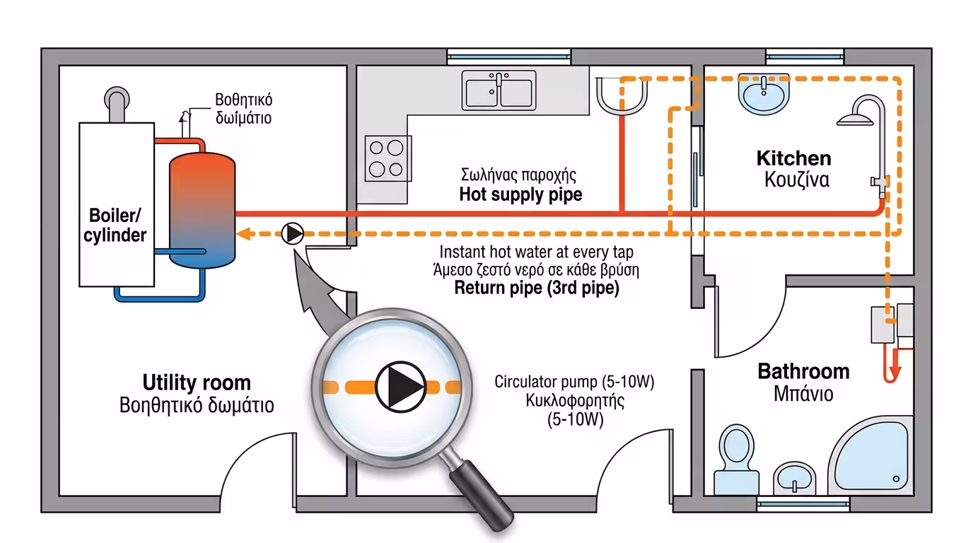 Ανακυκλοφορία - τρίτη σωλήνα, λούπα, κυκλοφορητής