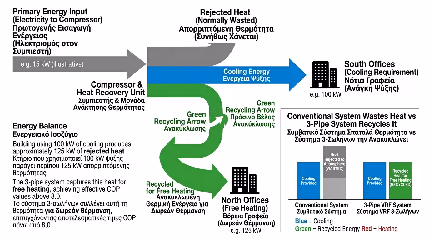 Ανακύκλωση ενέργειας σε VRF Heat Recovery - δωρεάν θέρμανση από αποβαλλόμενη ψύξη