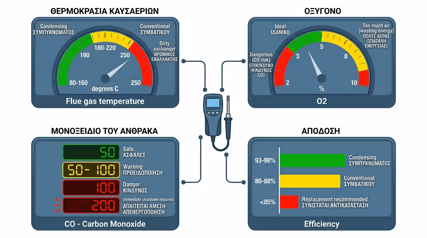 Αναλυτής καυσαερίων – μέτρηση CO, O2, θερμοκρασία, απόδοση λέβητα