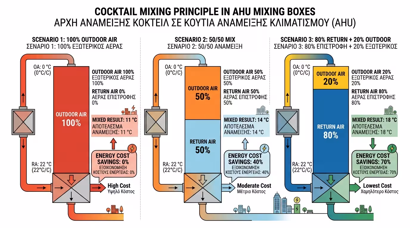 Ανάμειξη νωπού αέρα και αέρα επιστροφής - θερμοκρασία μίγματος, εξοικονόμηση κόστους