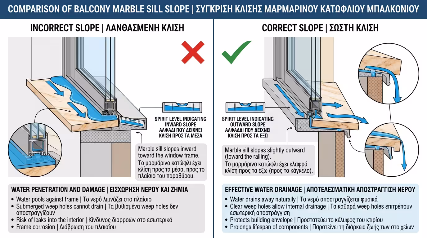 Ανάποδη κλίση εξωτερικού μαρμάρου μπαλκονιού - νερό λιμνάζει στην κάσα κουφώματος