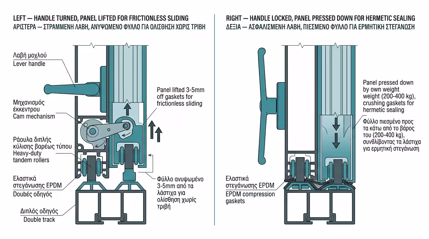 Ανασυρόμενο κούφωμα (Hebe-Schiebe) - μηχανισμός ανύψωσης, λάστιχα EPDM, βαρέως τύπου ράουλα