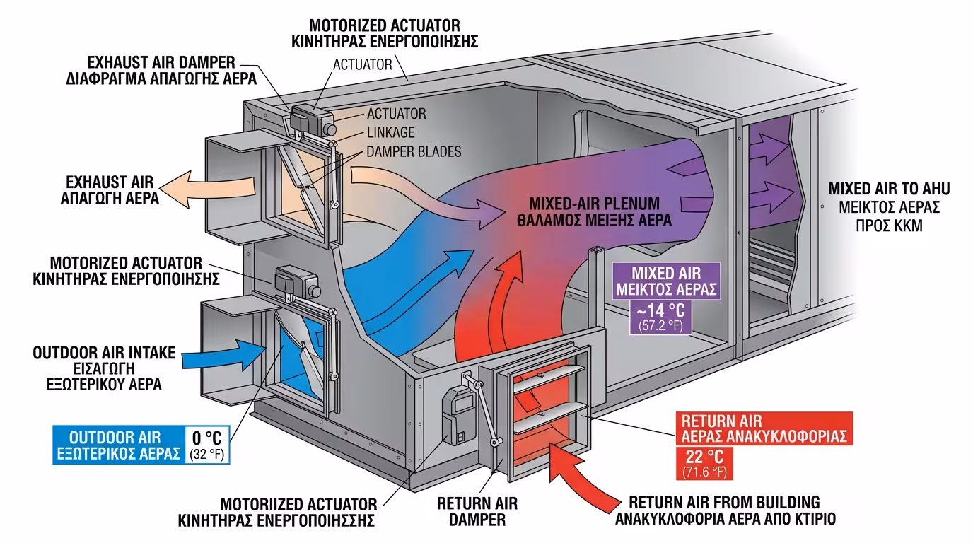 Ανατομία κιβωτίου μίξης - τρία διαφράγματα (dampers) νωπού, επιστροφής και απόρριψης