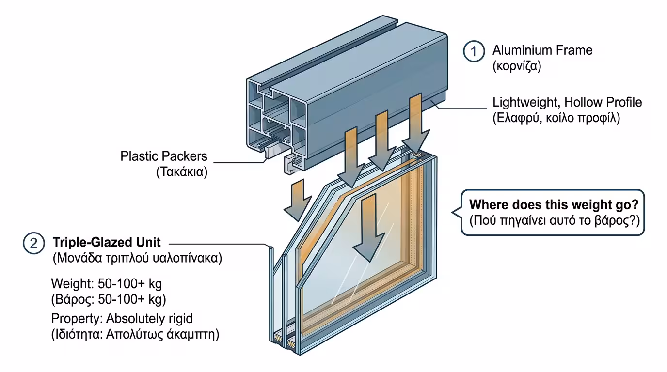 Ανατομία φύλλου κουφώματος - κορνίζα αλουμινίου, τζάμι, πιξάκια, βάρος