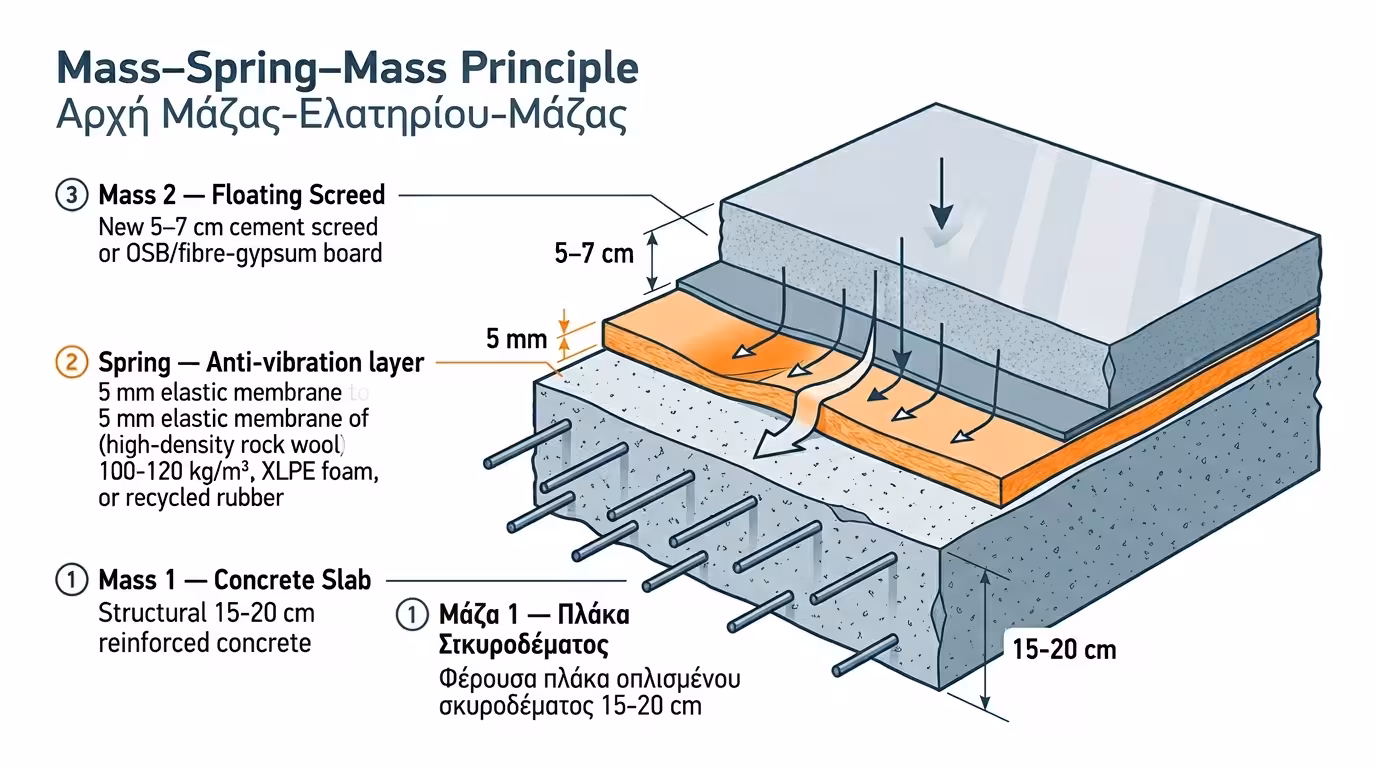 Τομή πλωτού δαπέδου: μπετόν → αντικραδασμικό στρώμα → νέα τσιμεντοκονία