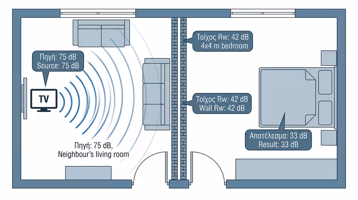 Ανάλυση θορύβου - τηλεόραση γείτονα 75 dB, μεσοτοιχία 20 cm, ηχομείωση 42 dB