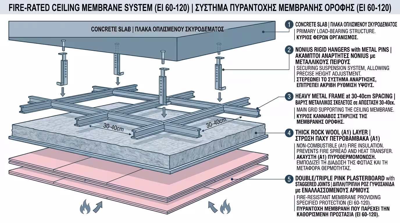 Πυράντοχη οροφή: αναρτήσεις Nonius, βαρύς σκελετός, πετροβάμβακας, πολλαπλές στρώσεις πλακών