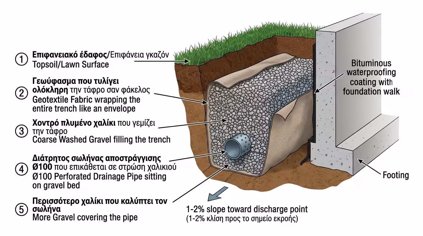 Ανατομία αποστραγγιστικής τάφρου - γεωύφασμα, χαλίκι, διάτρητος σωλήνας