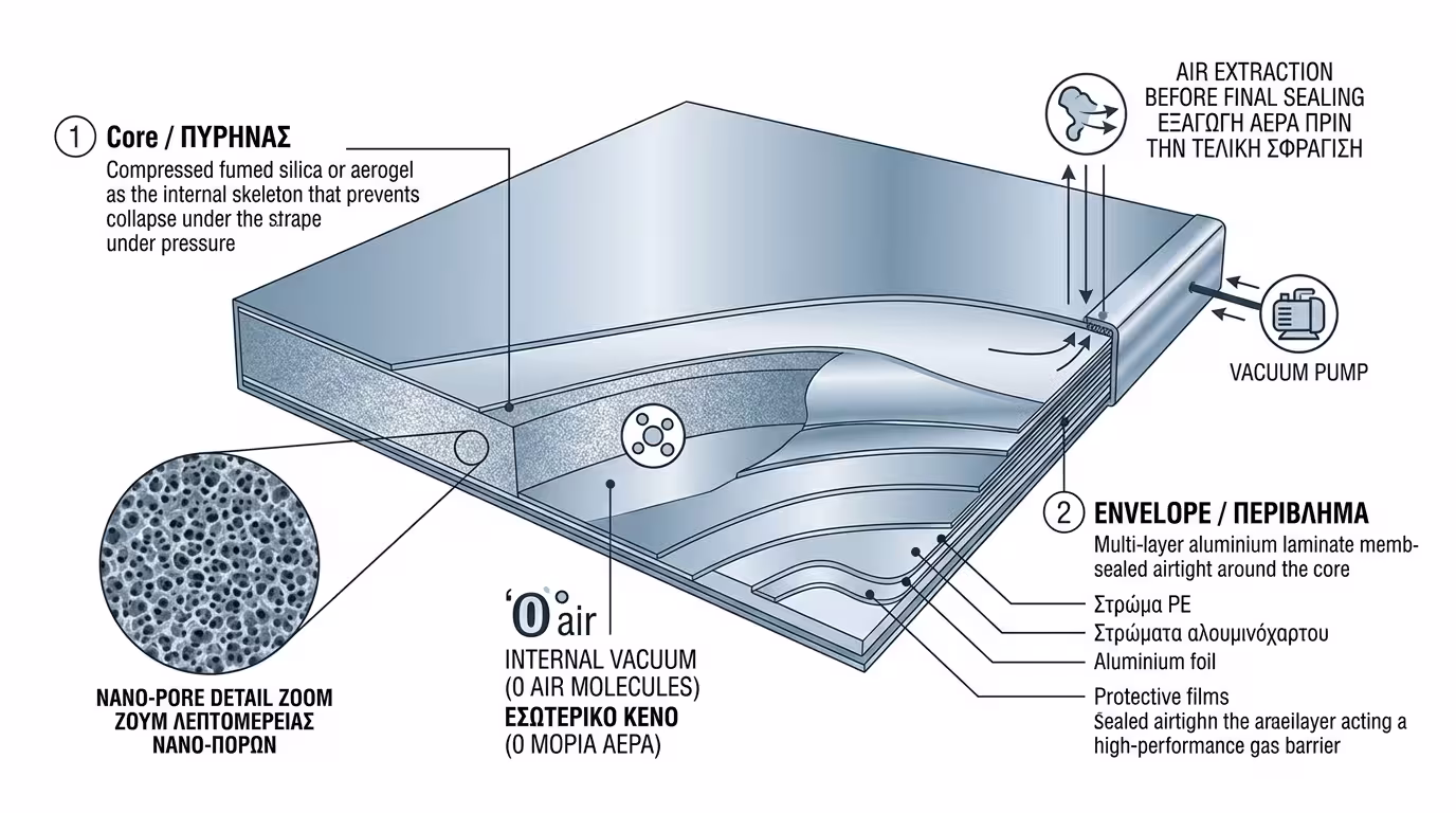 Ανατομία πάνελ κενού VIP - πυρήνας και μεταλλικό περίβλημα