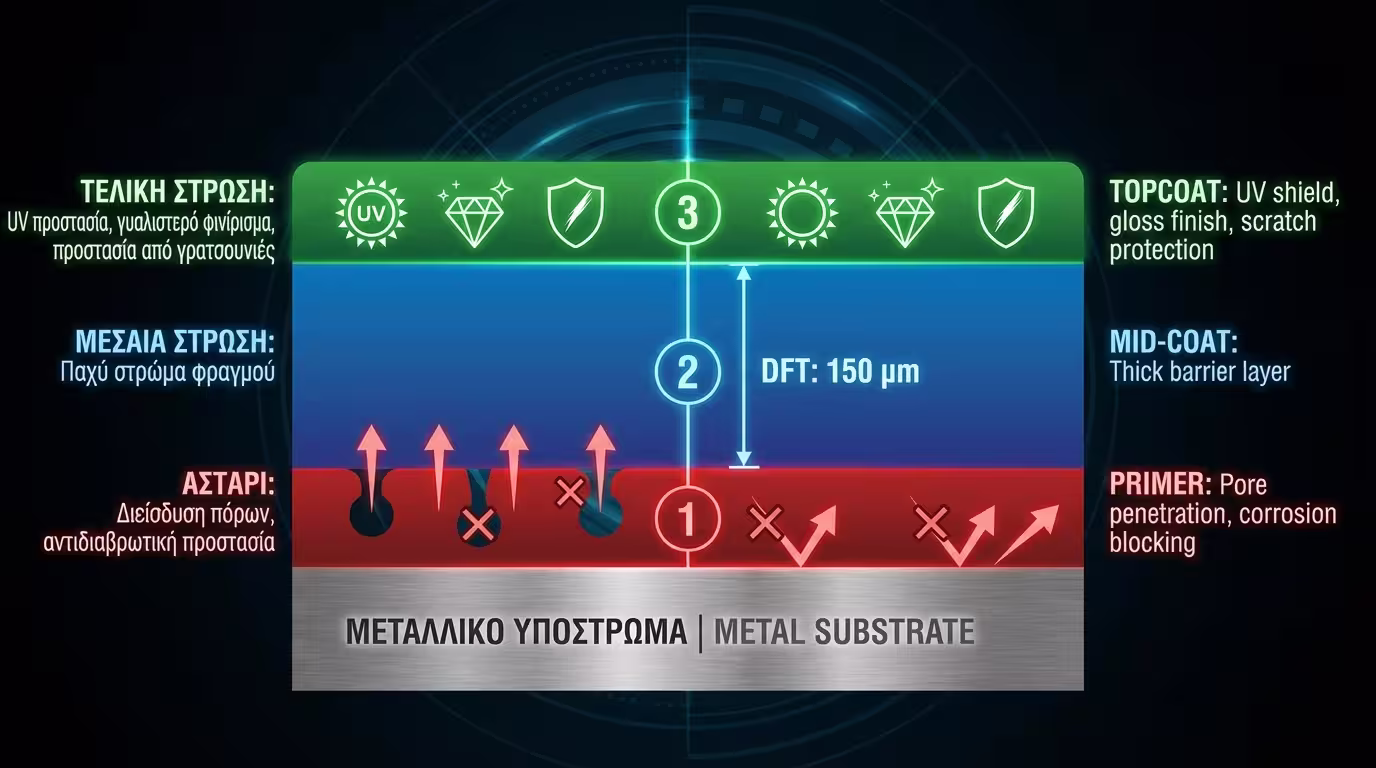 Σχηματική τομή συστήματος βαφής: Υπόστρωμα → Αστάρι → Ενδιάμεσο → Τελικό.