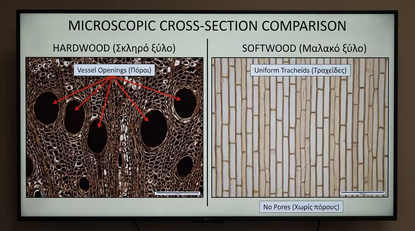 Ινφογκράφικ μικροσκοπίου: Σκληρό ξύλο = αγγεία (vessels/πόροι ορατοί). Μαλακό ξύλο = τραχειίδες (ομοιόμορφη δομή, χωρίς πόρους) (ελληνικά και αγγλικά)