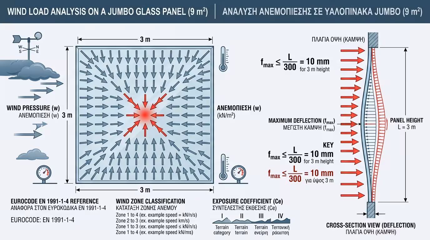 Ανεμοπίεση σε υπερμέγεθες τζάμι - βέλος κάμψης, Ευρωκώδικας EN 1991-1-4
