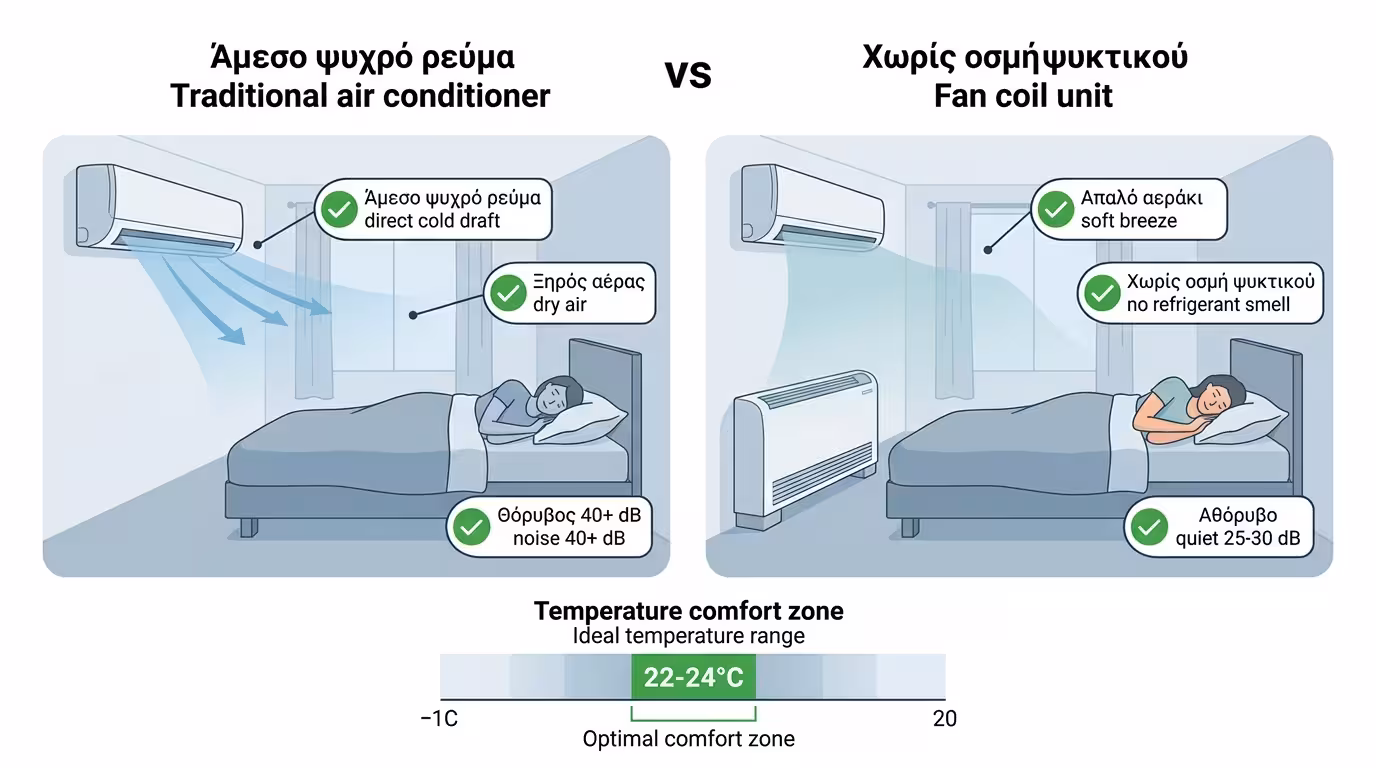 Fan Coil στο υπνοδωμάτιο - γλυκός αέρας, χωρίς ξηρά ρεύματα, θέρμανση και ψύξη