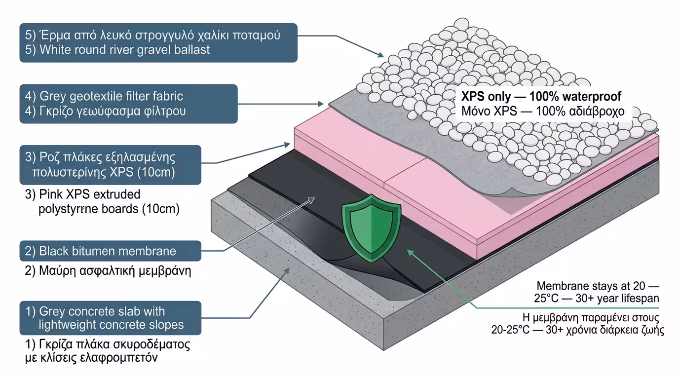 Ανεστραμμένη μόνωση - ασφαλτόπανο κάτω, XPS πάνω, χαλίκι κορυφή