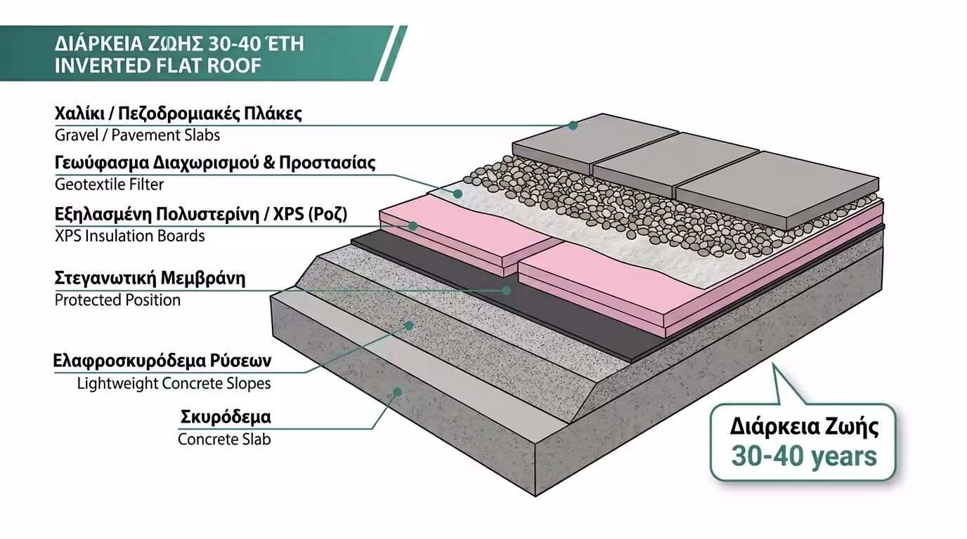 Τομή ανεστραμμένου δώματος - υγρομόνωση κάτω, XPS πάνω