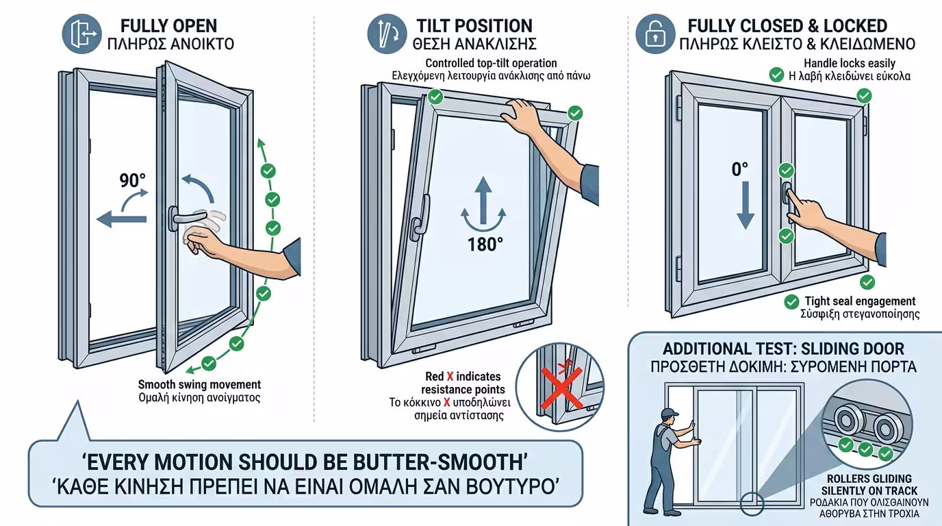 Δοκιμή λειτουργίας φύλλου κουφώματος - βουτυρένιο άνοιγμα-κλείσιμο, ανακλινόμενο