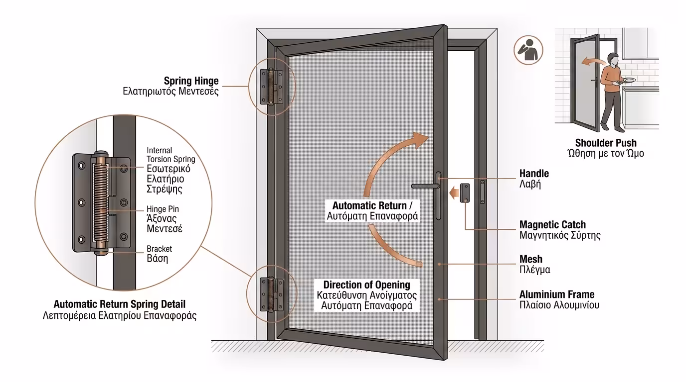 Ανοιγόμενη σίτα με μεντεσέ σε κουζίνα - ελατήριο επαναφοράς