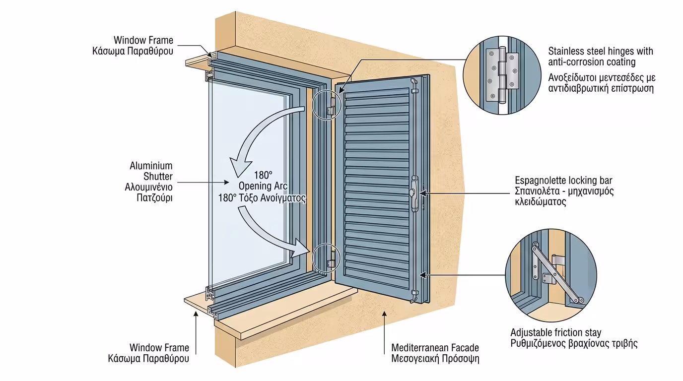 Ανοιγόμενα παντζούρια αλουμινίου δίφυλλα με μεντεσέδες σε πέτρινο σπίτι