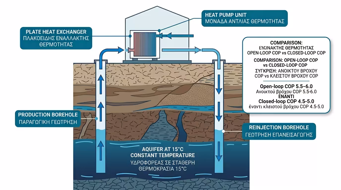 Ανοιχτό κύκλωμα γεωθερμίας - υπόγειοι υδροφόροι ορίζοντες
