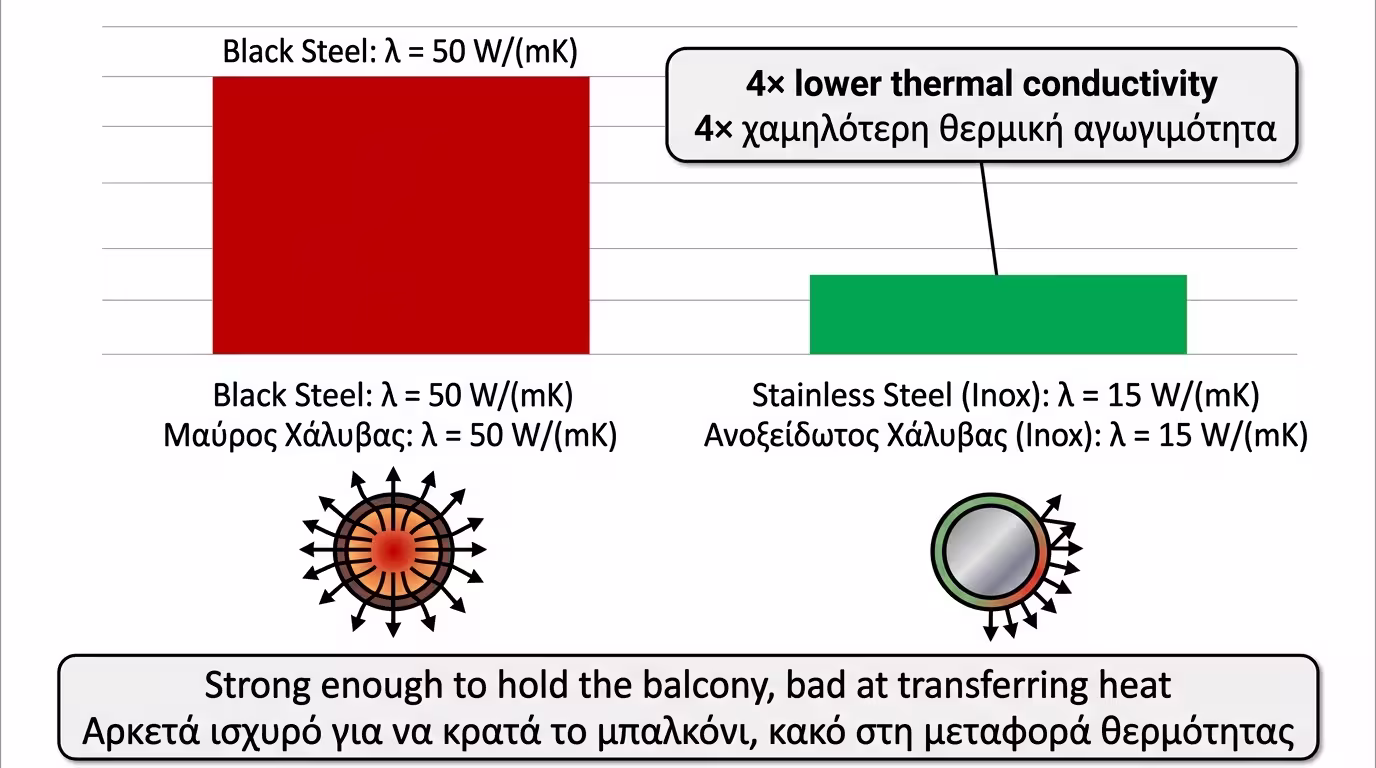 Ανοξείδωτος χάλυβας - 4x μικρότερη αγωγιμότητα