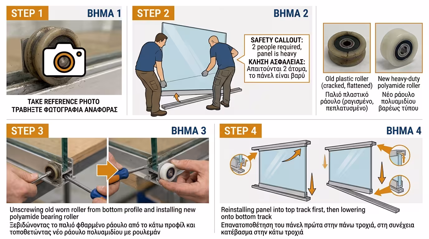 Αντικατάσταση φθαρμένων ράουλων - ξεβίδωμα, ίδιο ανταλλακτικό, 2 άτομα