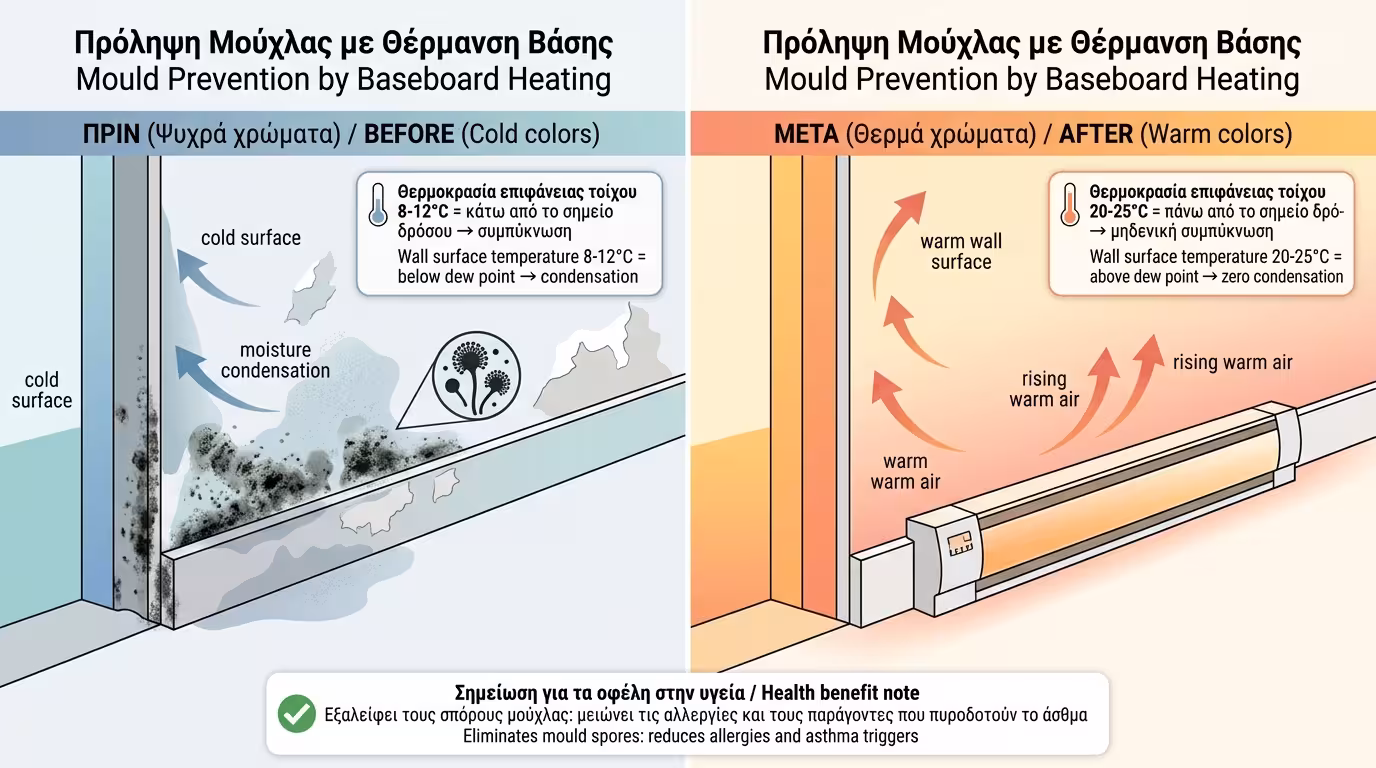 Θέρμανση σοβατεπί: εξαλείφει υγρασία και μούχλα στη βάση εξωτερικών τοίχων