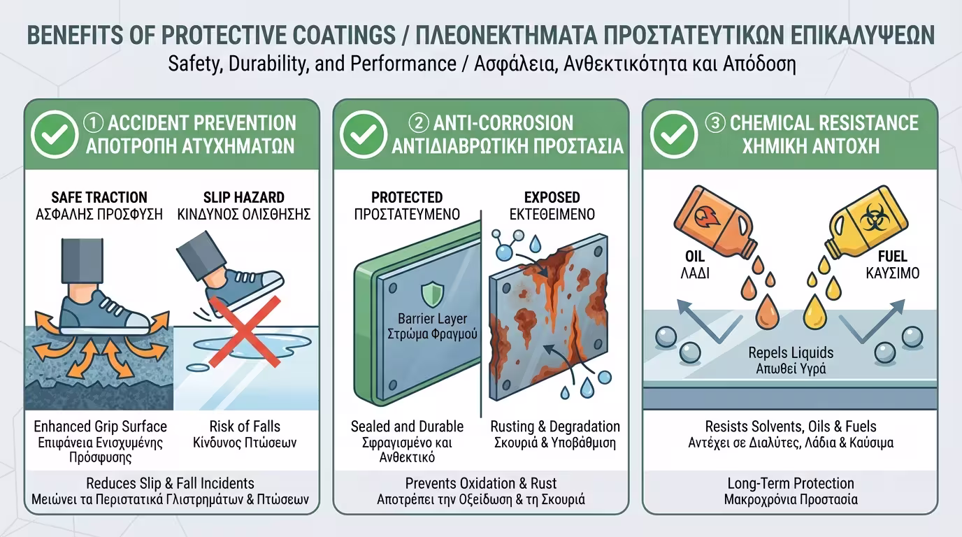 Ινφογκράφικ: 3 λόγοι - Αποτροπή ατυχημάτων, αντισκωριακή προστασία, αντοχή σε χημικά.