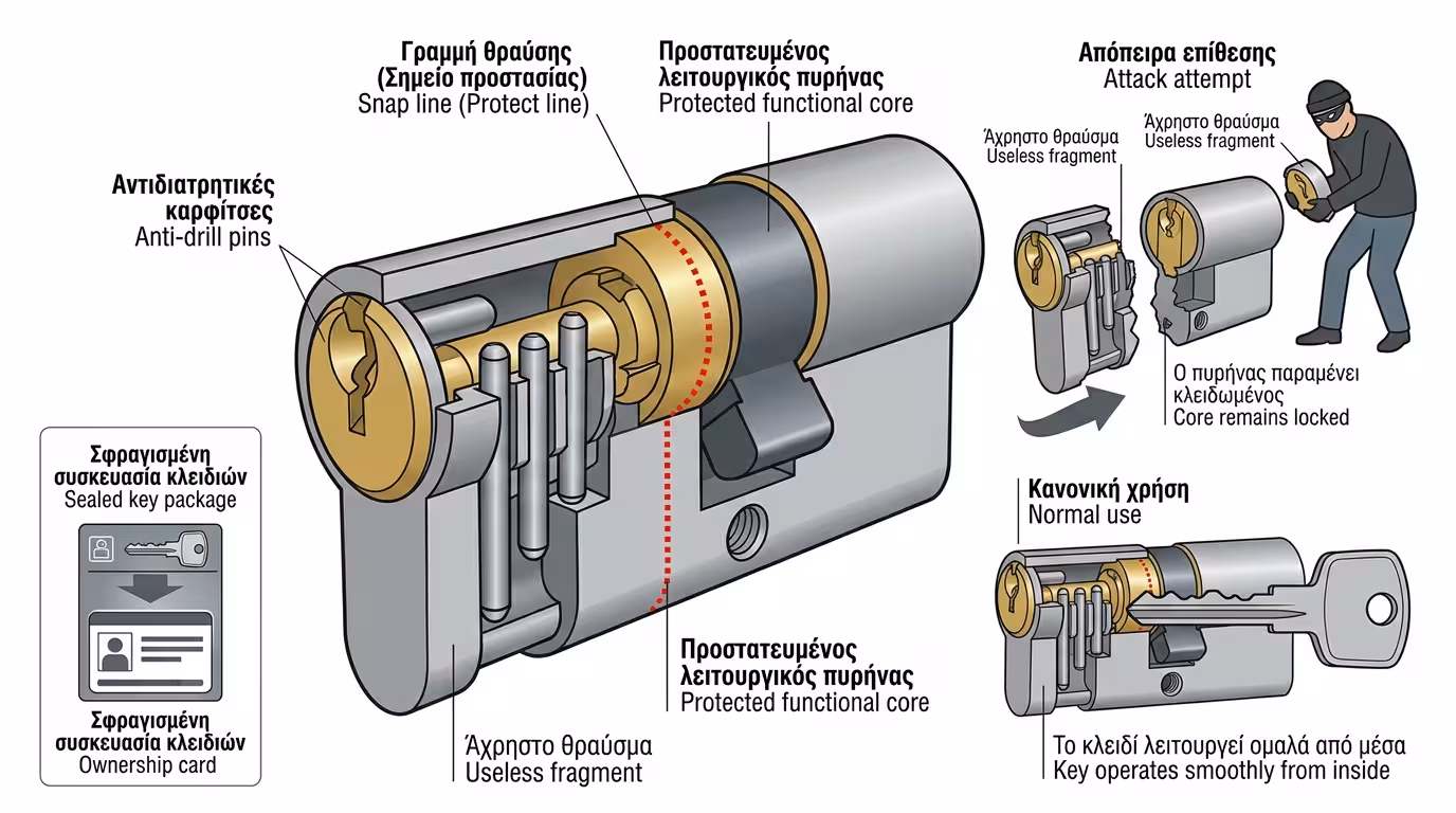 Anti-snap κύλινδρος ασφαλείας - protect line, ατσάλινες μπίλιες